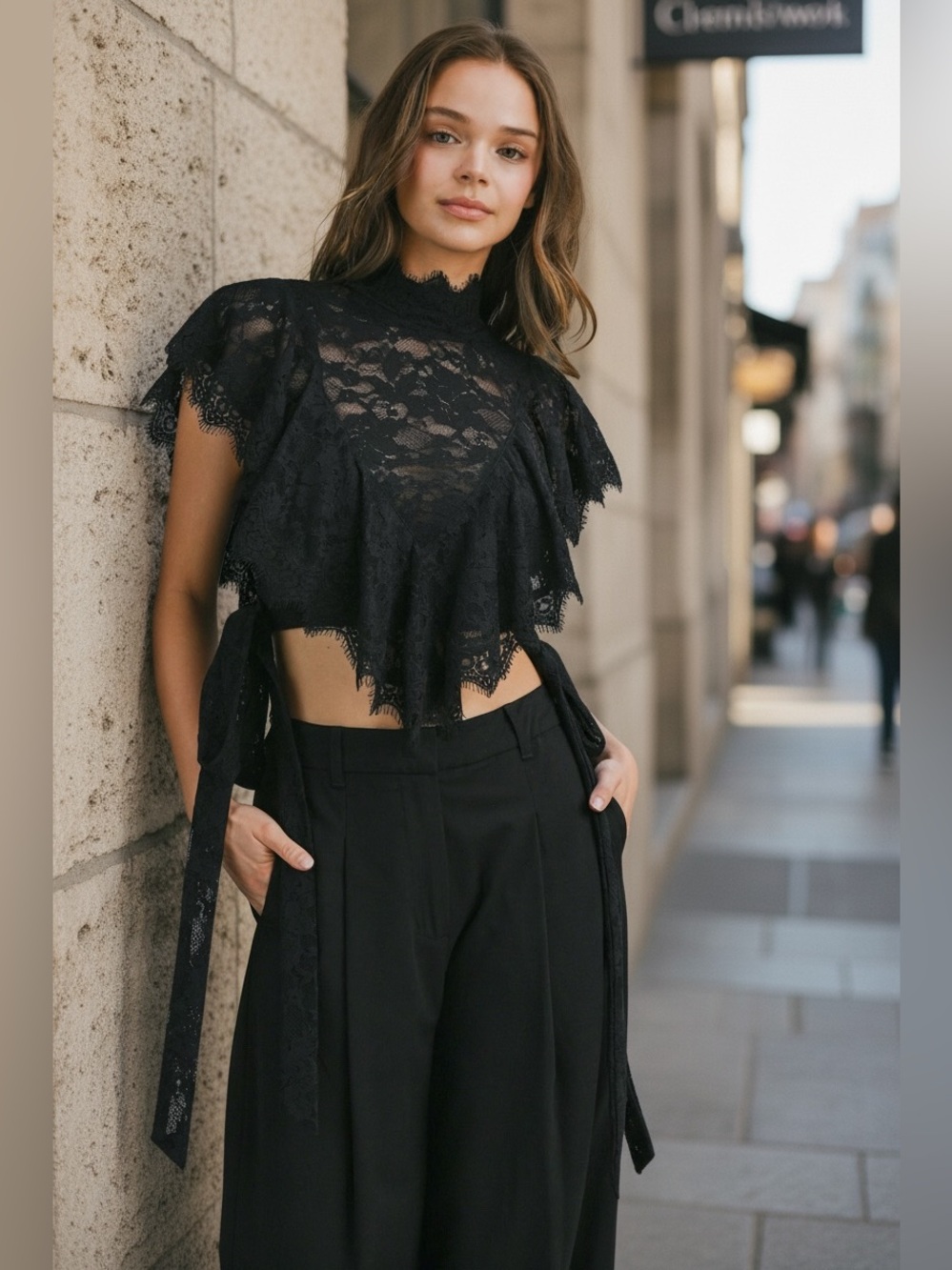 Catherine Ruffled Lace Black Crop Top
